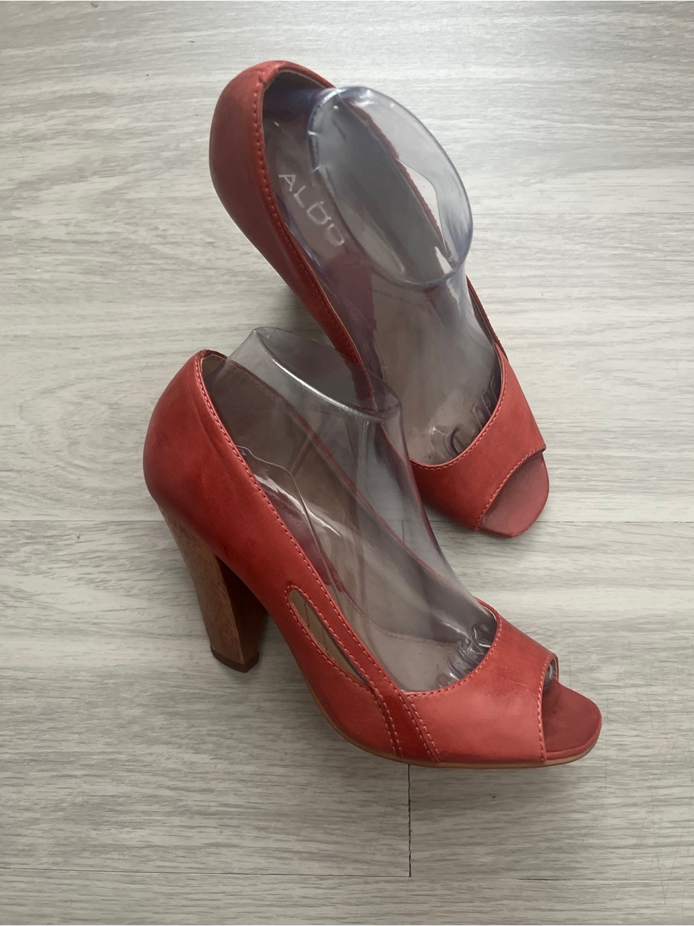 ALDO Coral Red Peep Toe Leather Block Heel Pumps Size 39